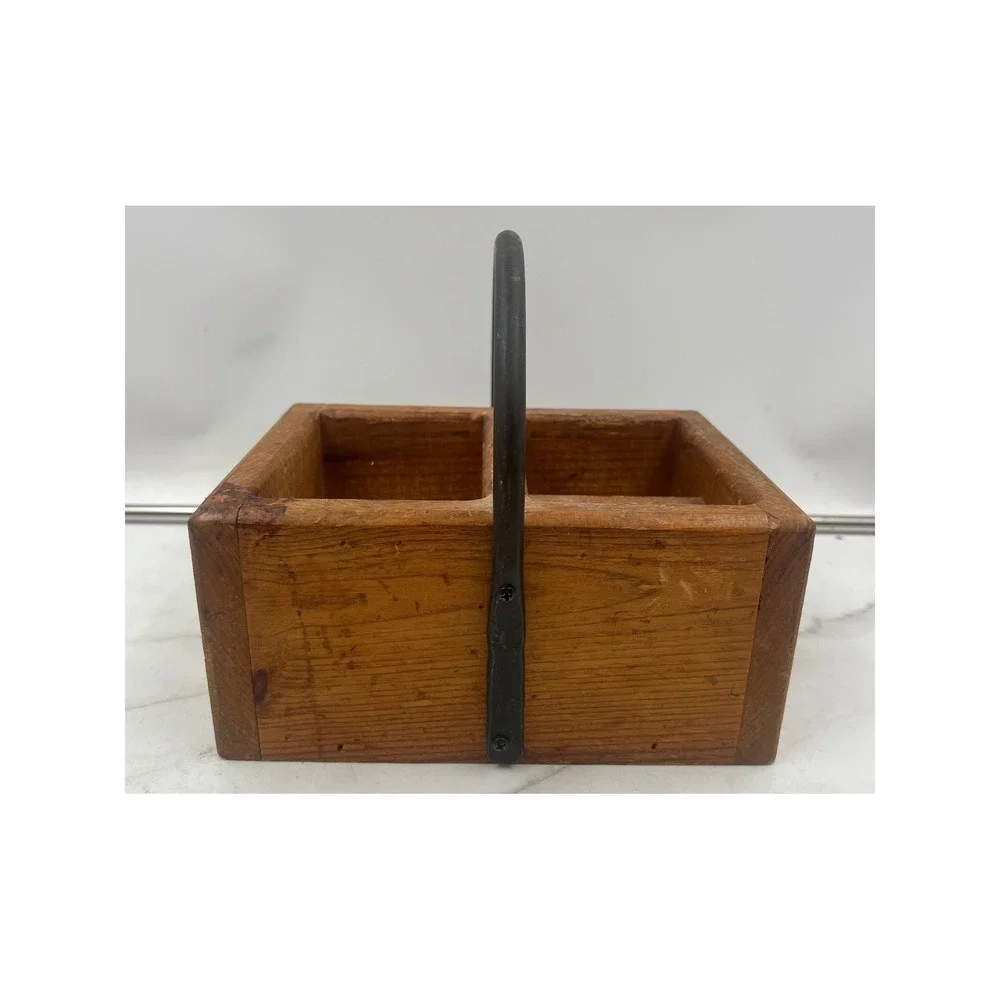 Vintage Rustic Wooden Caddy 3 Compartment Organizer with Metal Handle Farmhouse